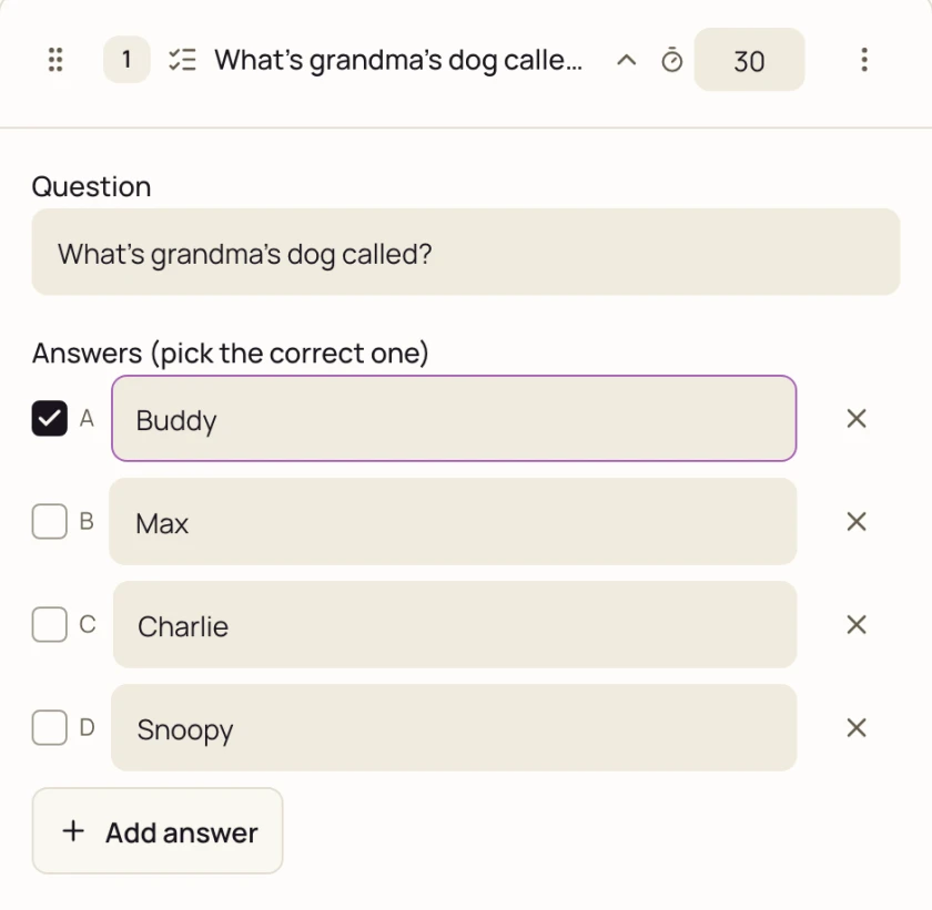 The editor with a custom multiple-choice question: What's grandma's dog called?