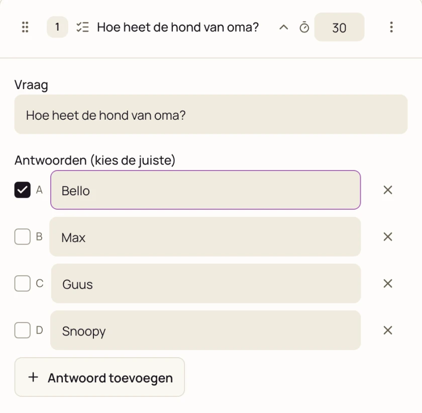 De editor met een eigen meerkeuzevraag: Hoe heet de hond van oma?