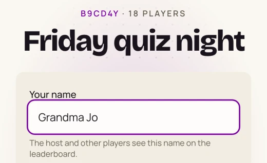 The join screen on a phone: the name of the game and a name field with Grandma Jo