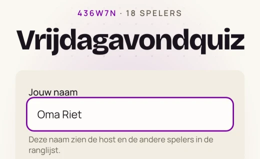 Meedoen op een telefoon: de naam van het spel en een naamveld met Oma Riet