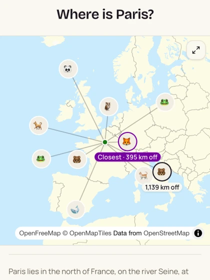A map question on the phone after the reveal: all pins around Paris with their distance