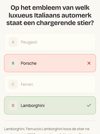 Een meerkeuzevraag op de telefoon na de uitslag: het goede antwoord groen, de eigen keuze rood