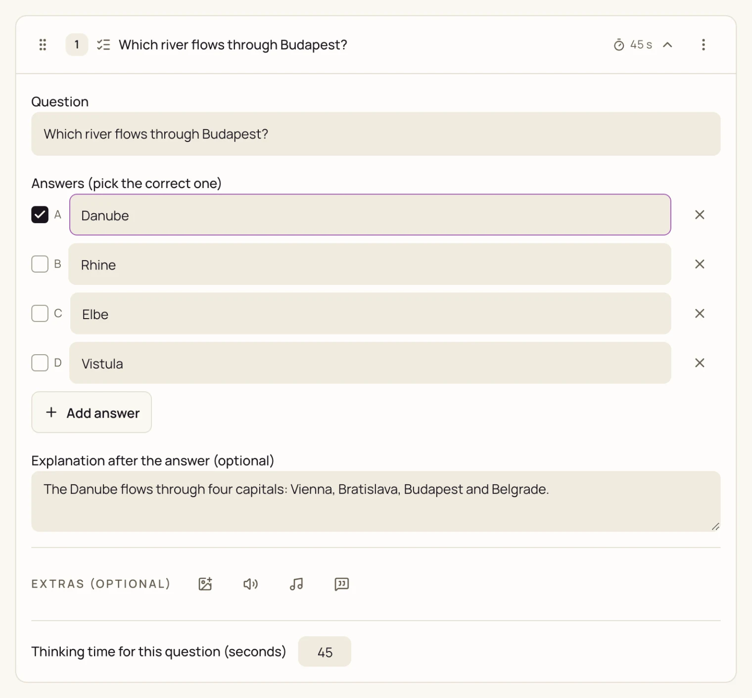 The Kwishetwel editor with a multiple choice question about the Danube, the thinking time and an explanation for the answer