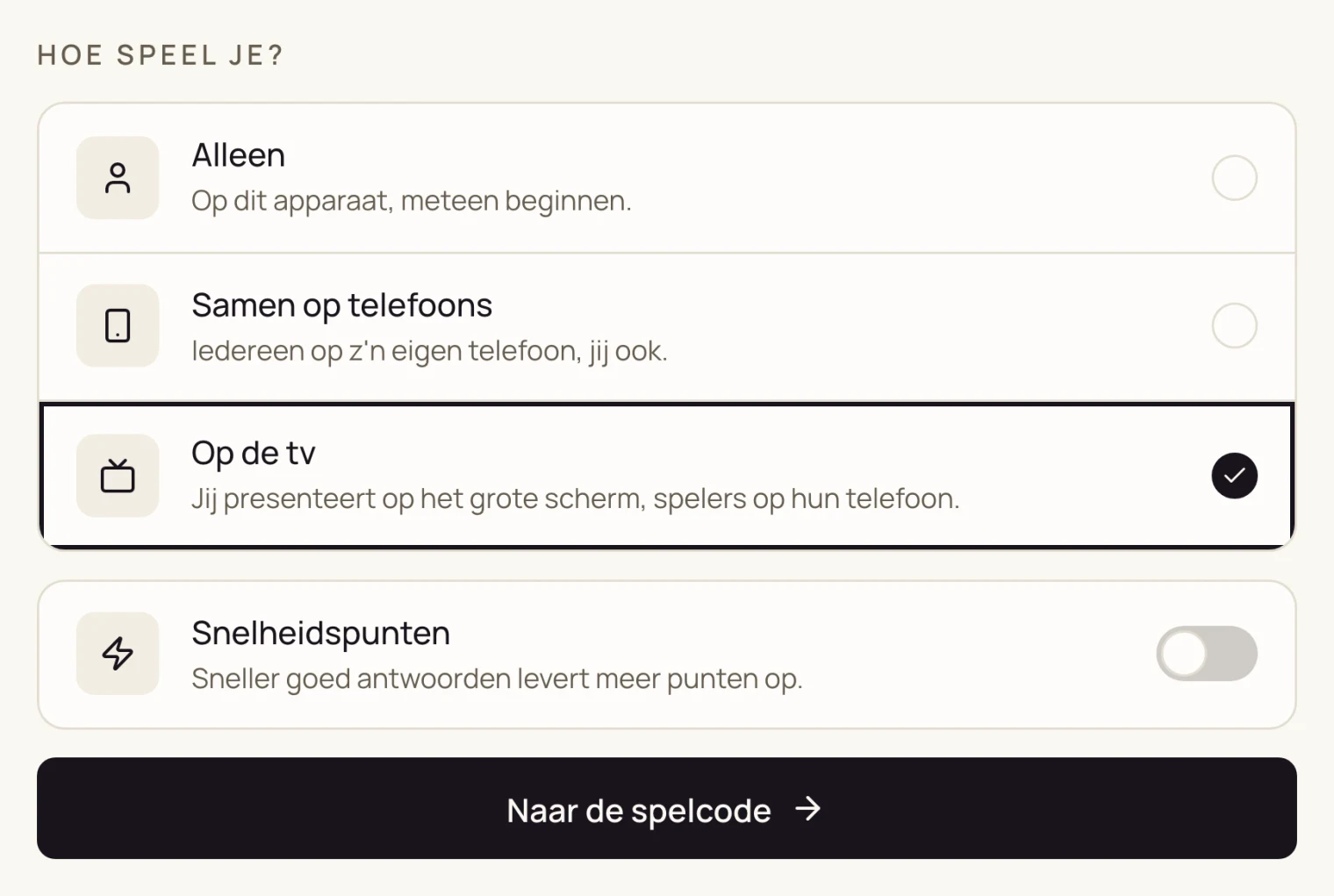 Het startscherm met de keuze Op de tv en de snelheidspunten uitgezet