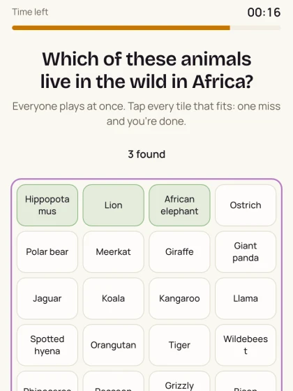 The tile board on the phone: which animals live wild in Africa, three tiles found