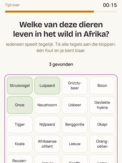 Het tegelbord op de telefoon: welke dieren leven in het wild in Afrika, drie tegels gevonden